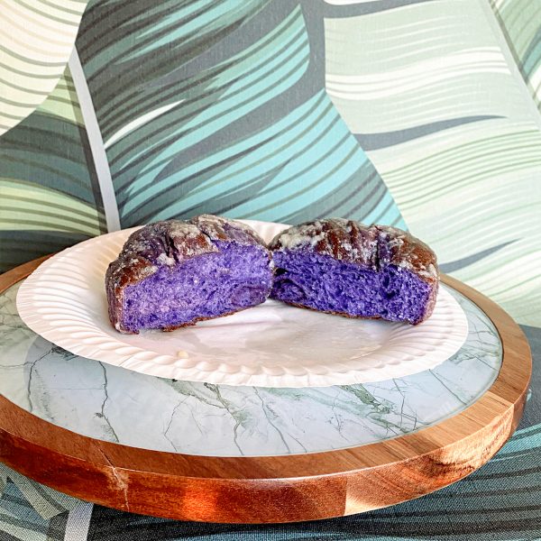 ube ensaymada, sliced